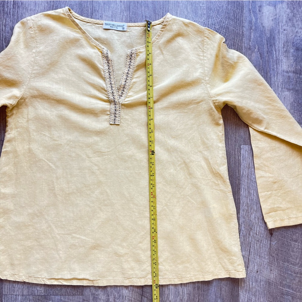 Terzo Millennio Linen Top Yellow High Low Roll Tab Sleeves Shirt Tunic Sz M - Picture 11 of 16